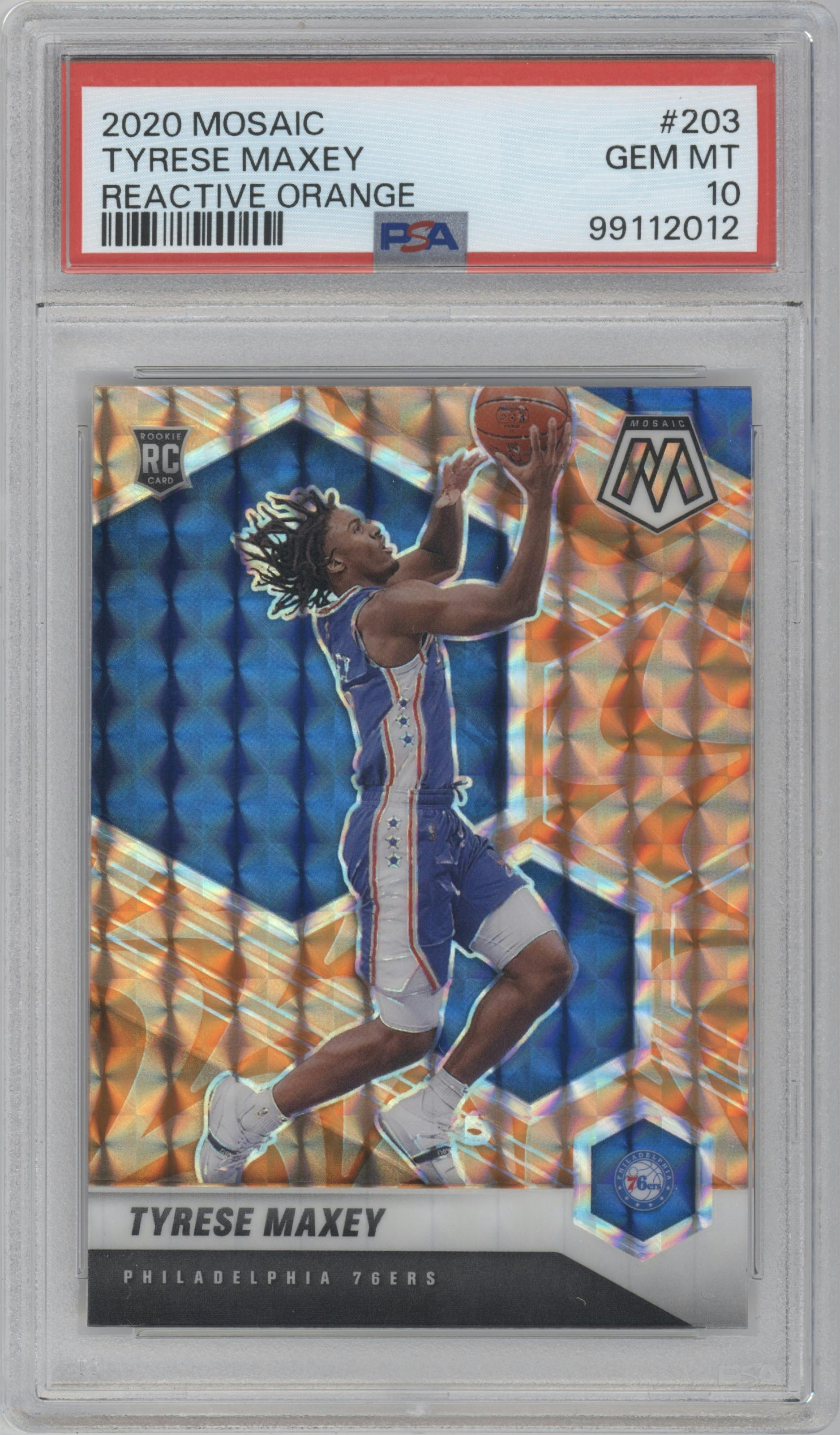 Tyrese Maxey from the 2020-21 Panini Mosaic set featuring a Reactive Orange parallel graded by PSA and given an overall grade of 10.