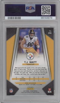 T.J. Watt from the 2017 Panini Prizm set featuring a Prizm parallel graded by PSA and given an overall grade of 10.