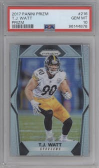 T.J. Watt from the 2017 Panini Prizm set featuring a Prizm parallel graded by PSA and given an overall grade of 10.