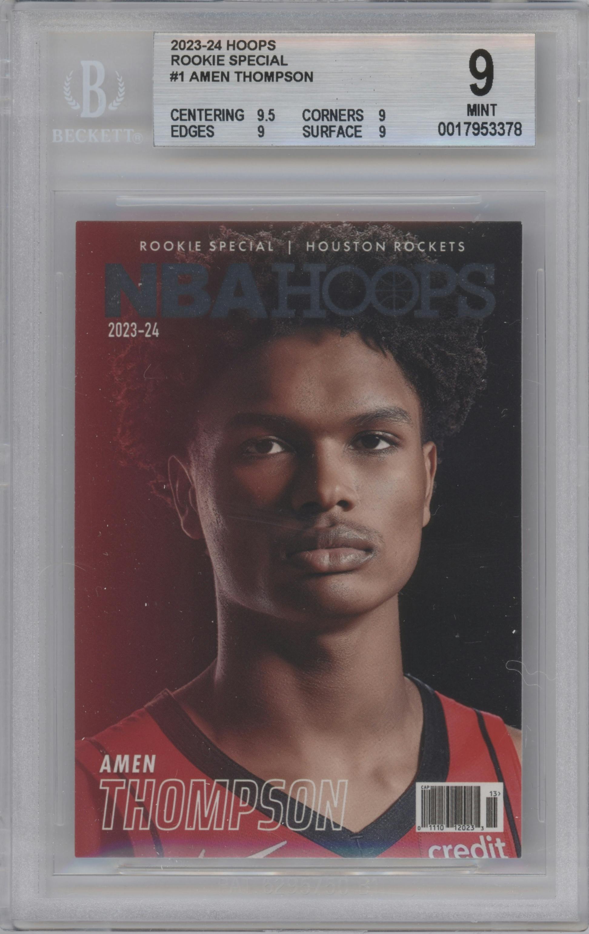 Amen Thompson from the 2023-24 Panini NBA Hoops set graded by Beckett and given an overall grade of 9.