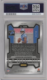 Hendon Hooker from the 2023 Panini Prizm set featuring a Blue Ice parallel graded by PSA and given an overall grade of 10.