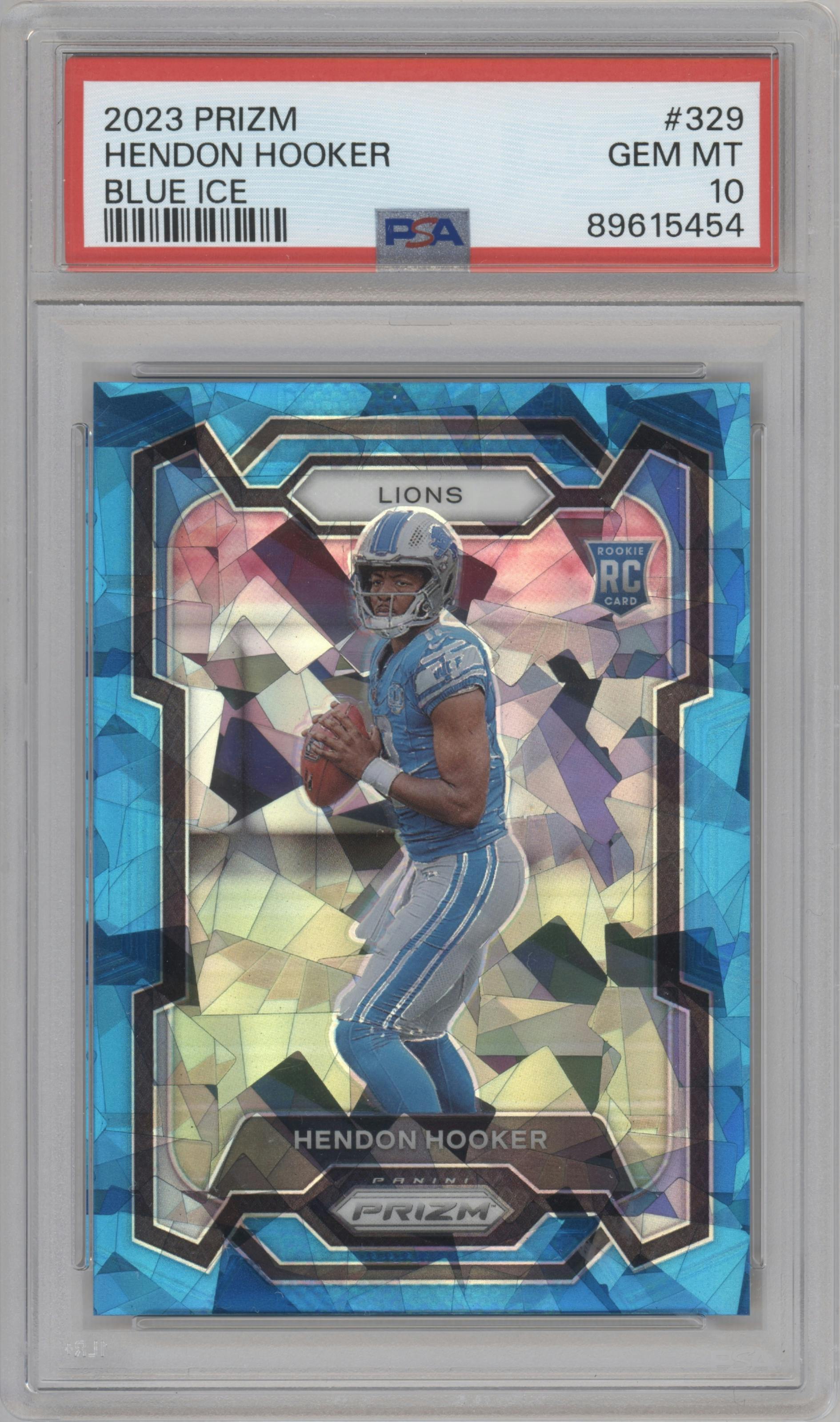Hendon Hooker from the 2023 Panini Prizm set featuring a Blue Ice parallel graded by PSA and given an overall grade of 10.