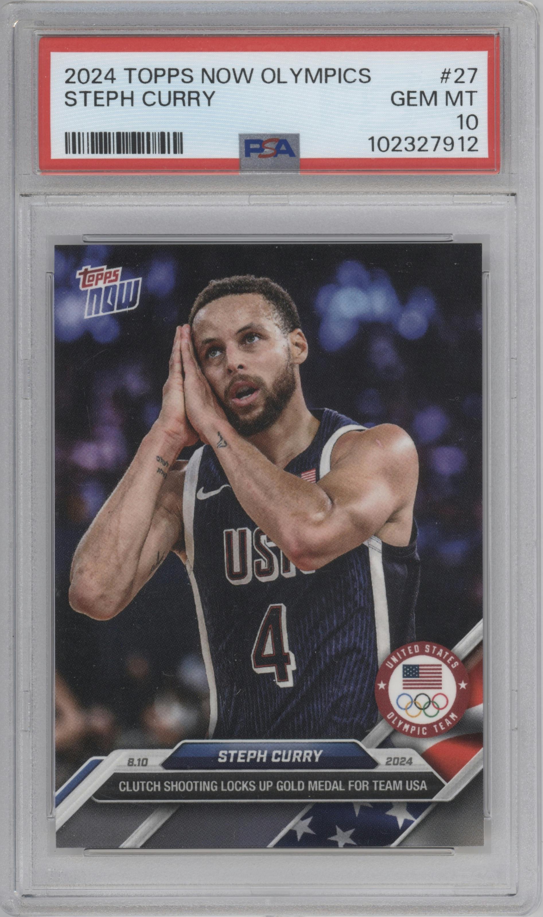 Steph Curry from the 2024 Topps Now Olympics set graded by PSA and given an overall grade of 10.