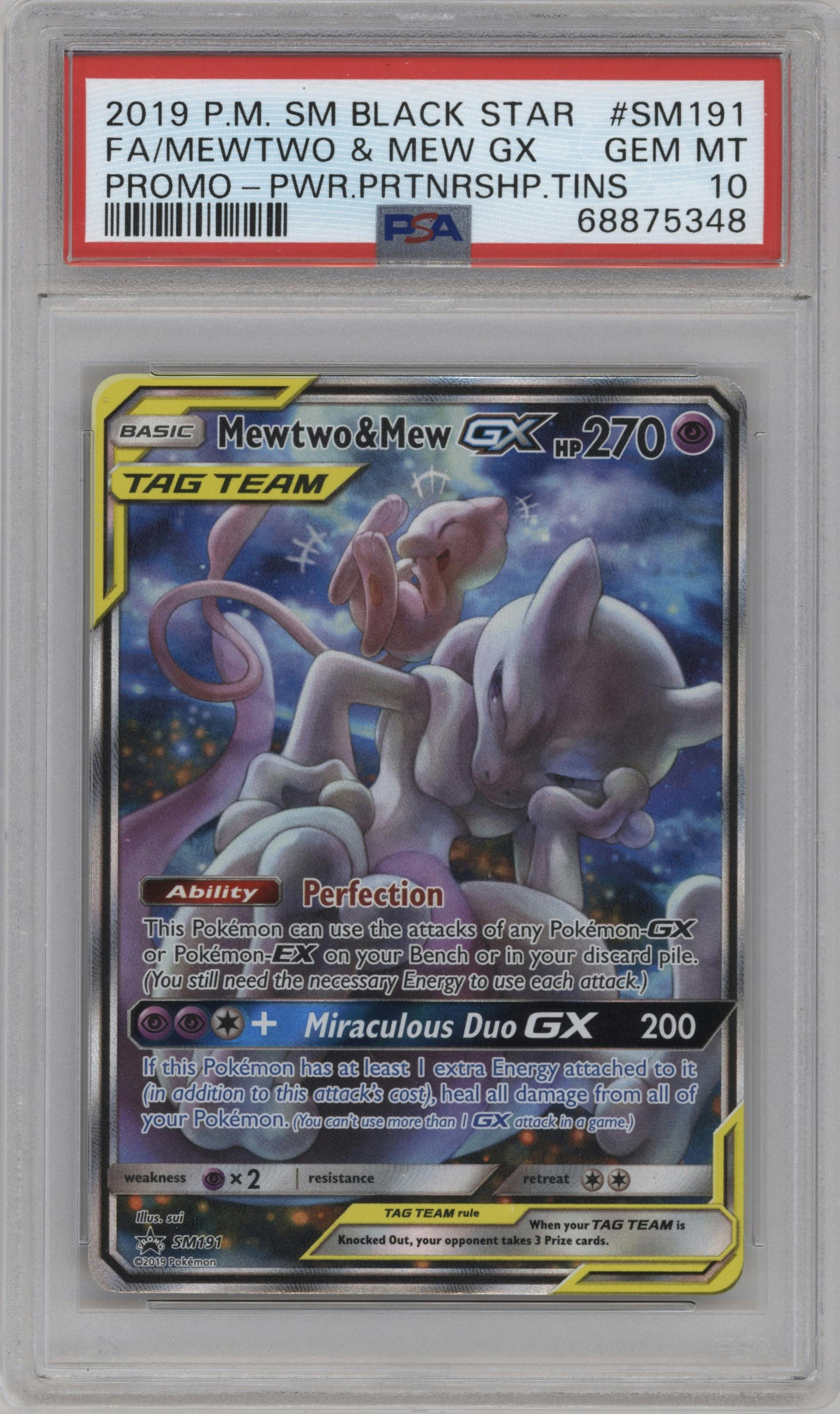 Mewtwo & Mew GX from the 2019 Pokemon S&M  set featuring a Power Partnership Tins parallel graded by PSA and given an overall grade of 10.