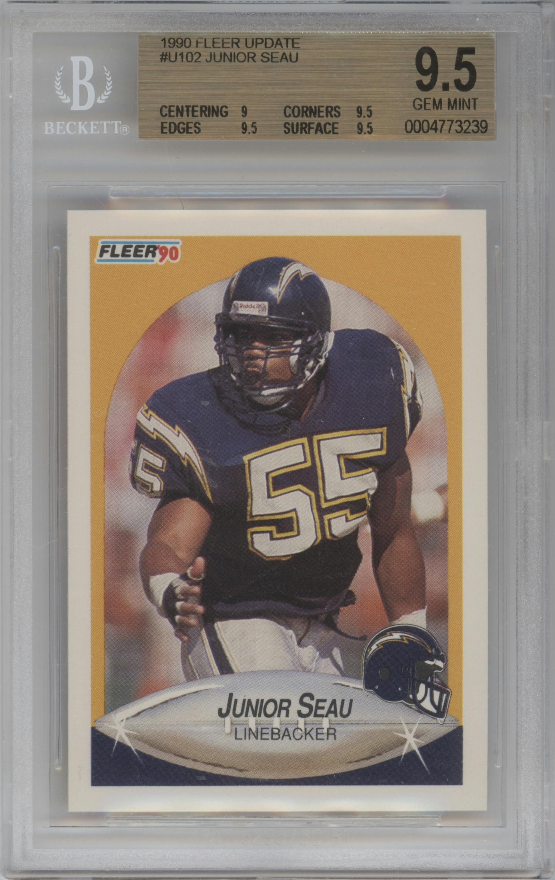 Junior Seau from the 1990 Fleer Update set graded by Beckett and given an overall grade of 9.5.