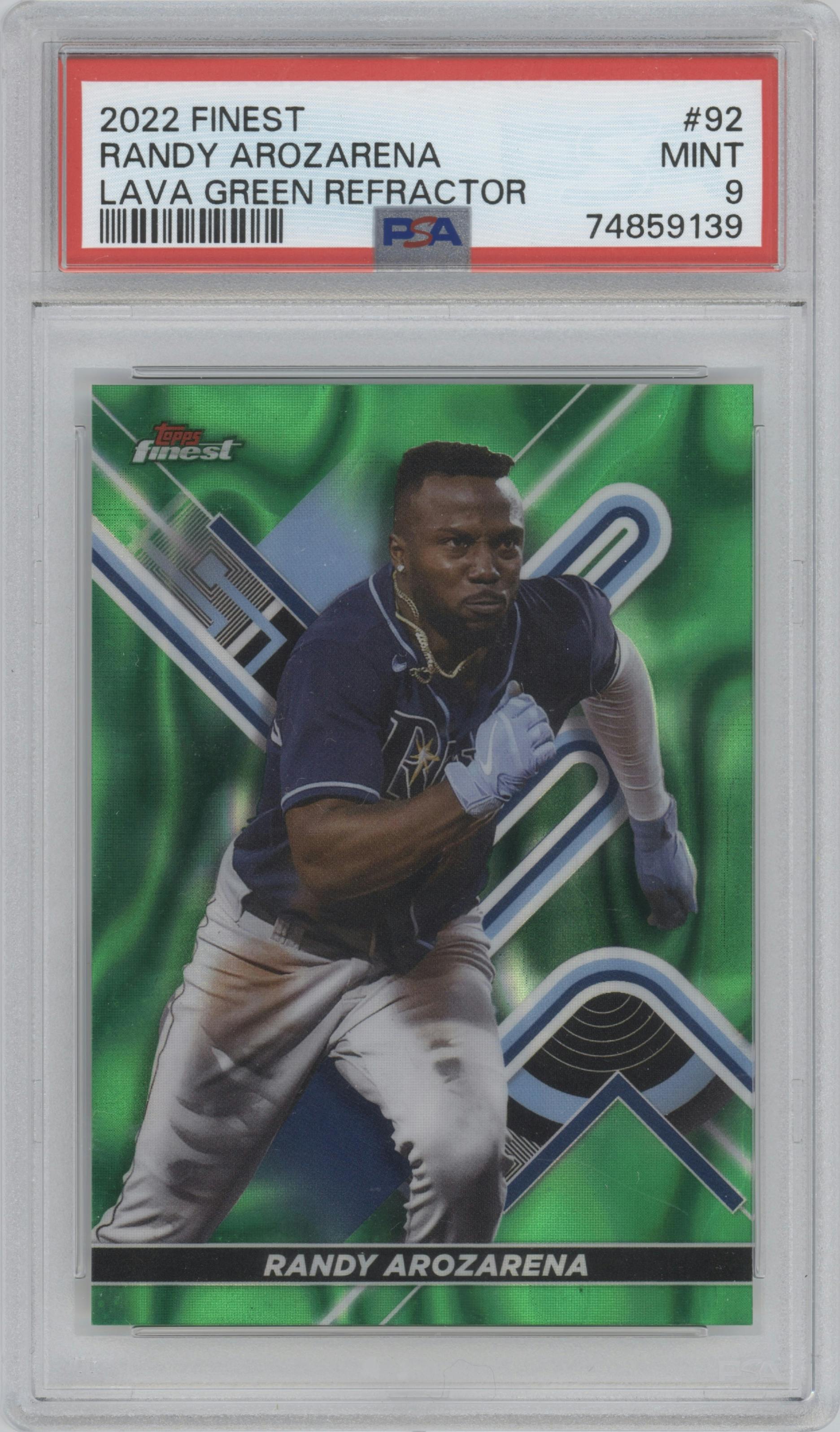 Randy Arozarena from the 2022 Topps Finest set featuring a Green Lava Refractor parallel graded by PSA and given an overall grade of 9.