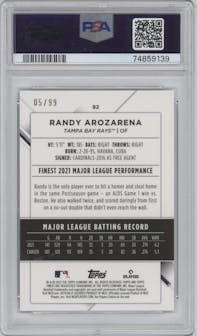 Randy Arozarena from the 2022 Topps Finest set featuring a Green Lava Refractor parallel graded by PSA and given an overall grade of 9.