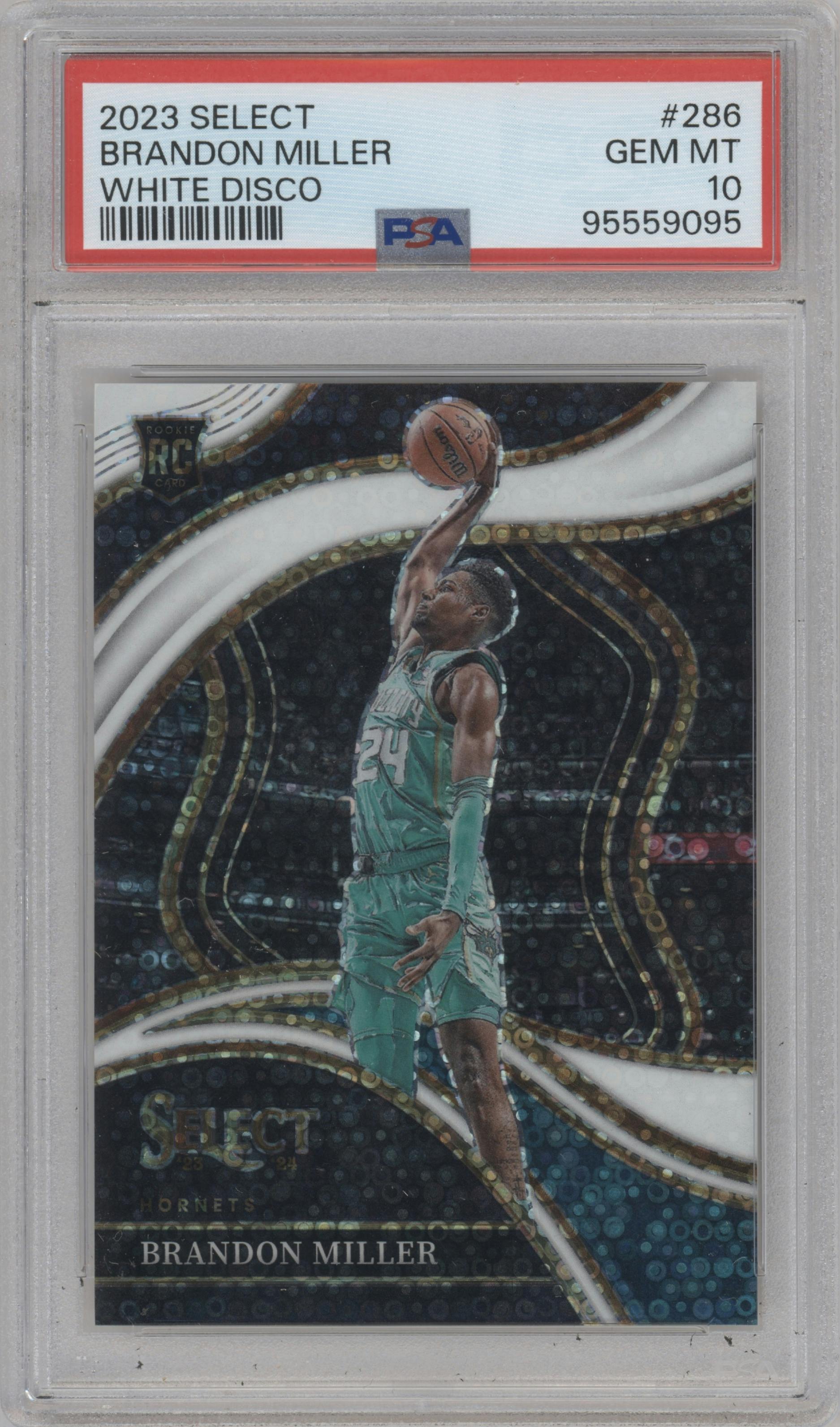 Brandon Miller from the 2023-24 Panini Select  set featuring a Disco White parallel graded by PSA and given an overall grade of 10.