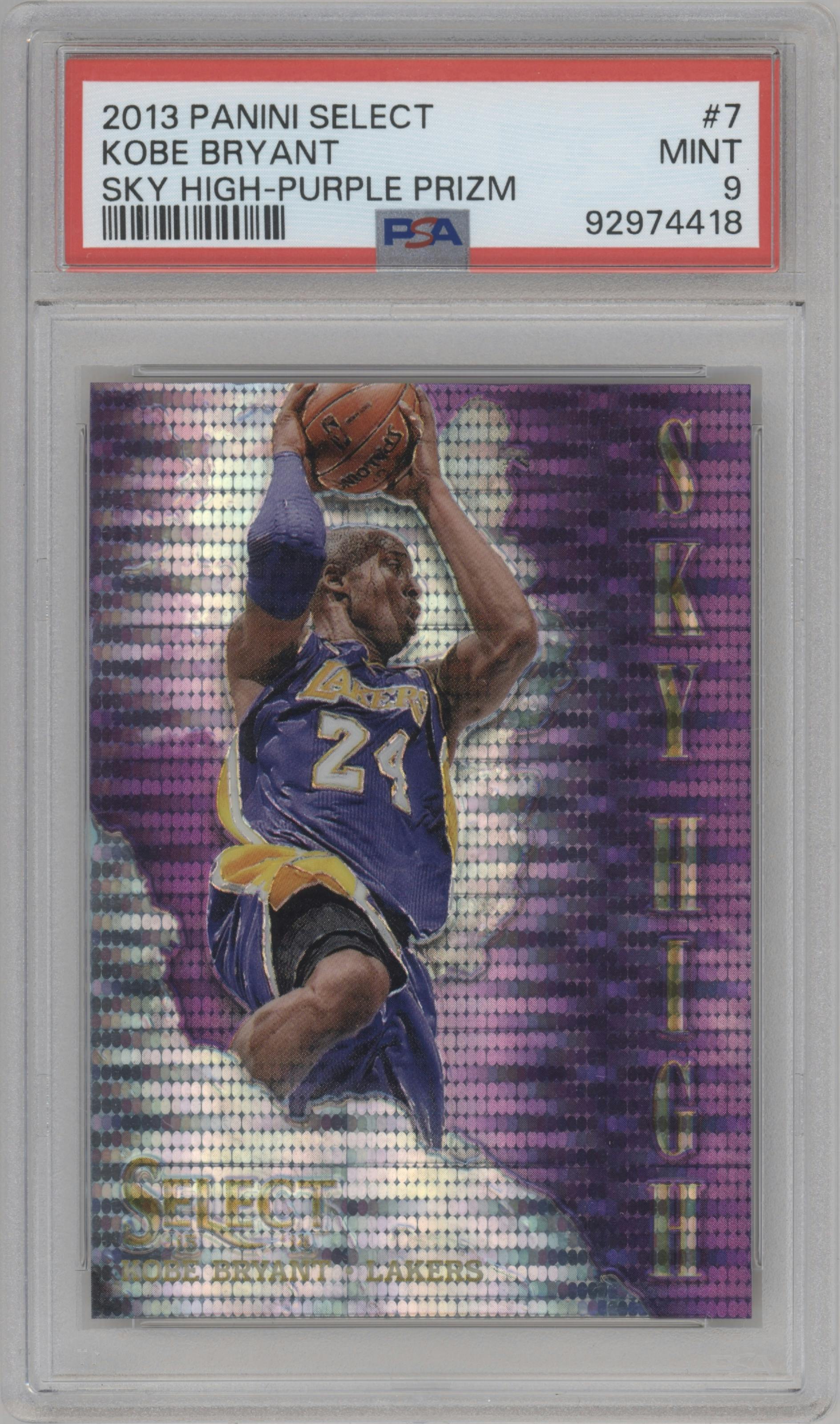 Kobe Bryant from the 2013-14 Panini Select set featuring a Purple Prizm parallel graded by PSA and given an overall grade of 9.