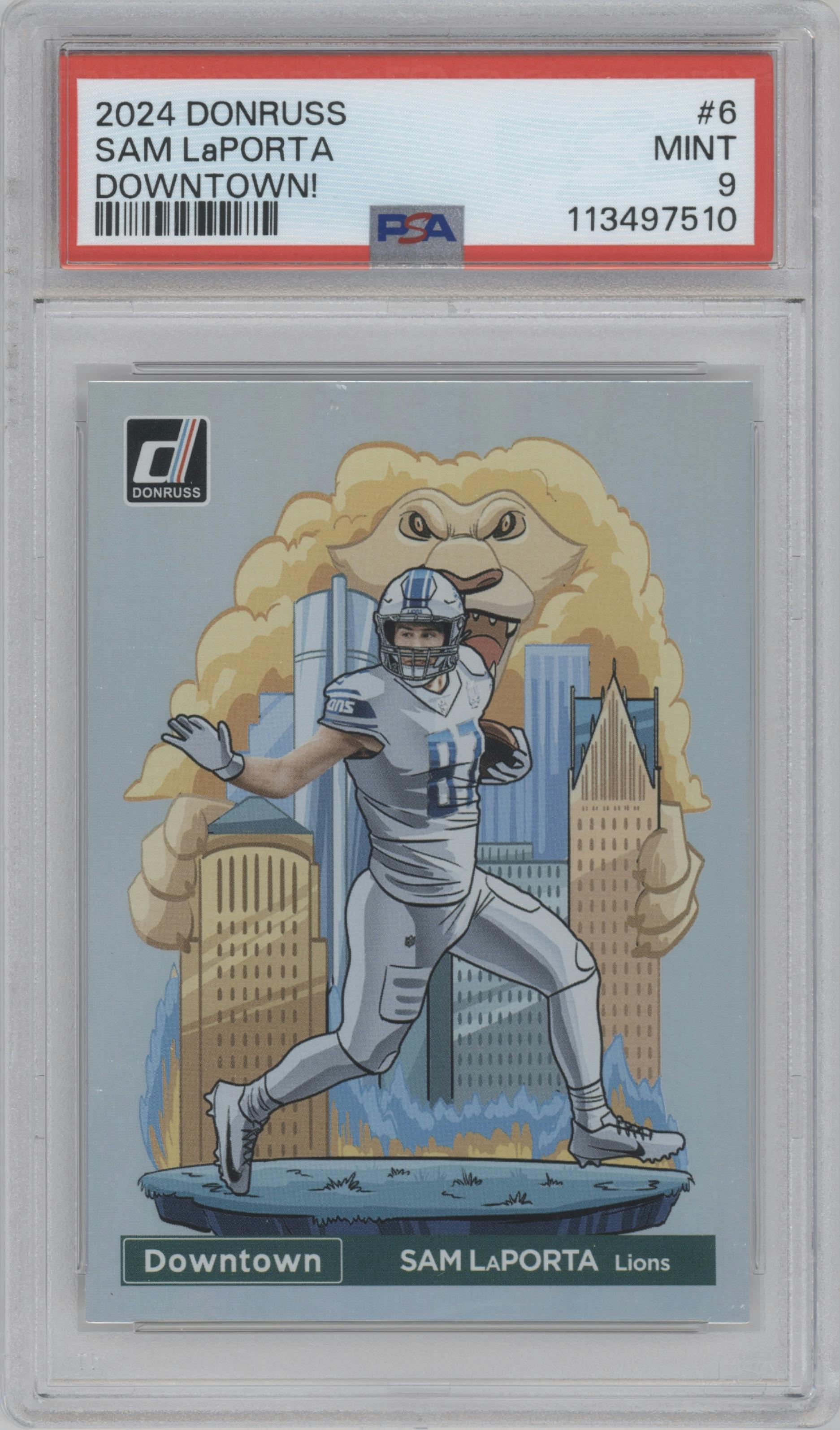 Sam LaPorta from the 2024 Donruss set graded by PSA and given an overall grade of 9.