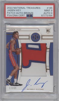 Jaden Ivey from the 2022-23 Panini National Treasures set featuring a Bronze  parallel graded by PSA and given an overall grade of 9.