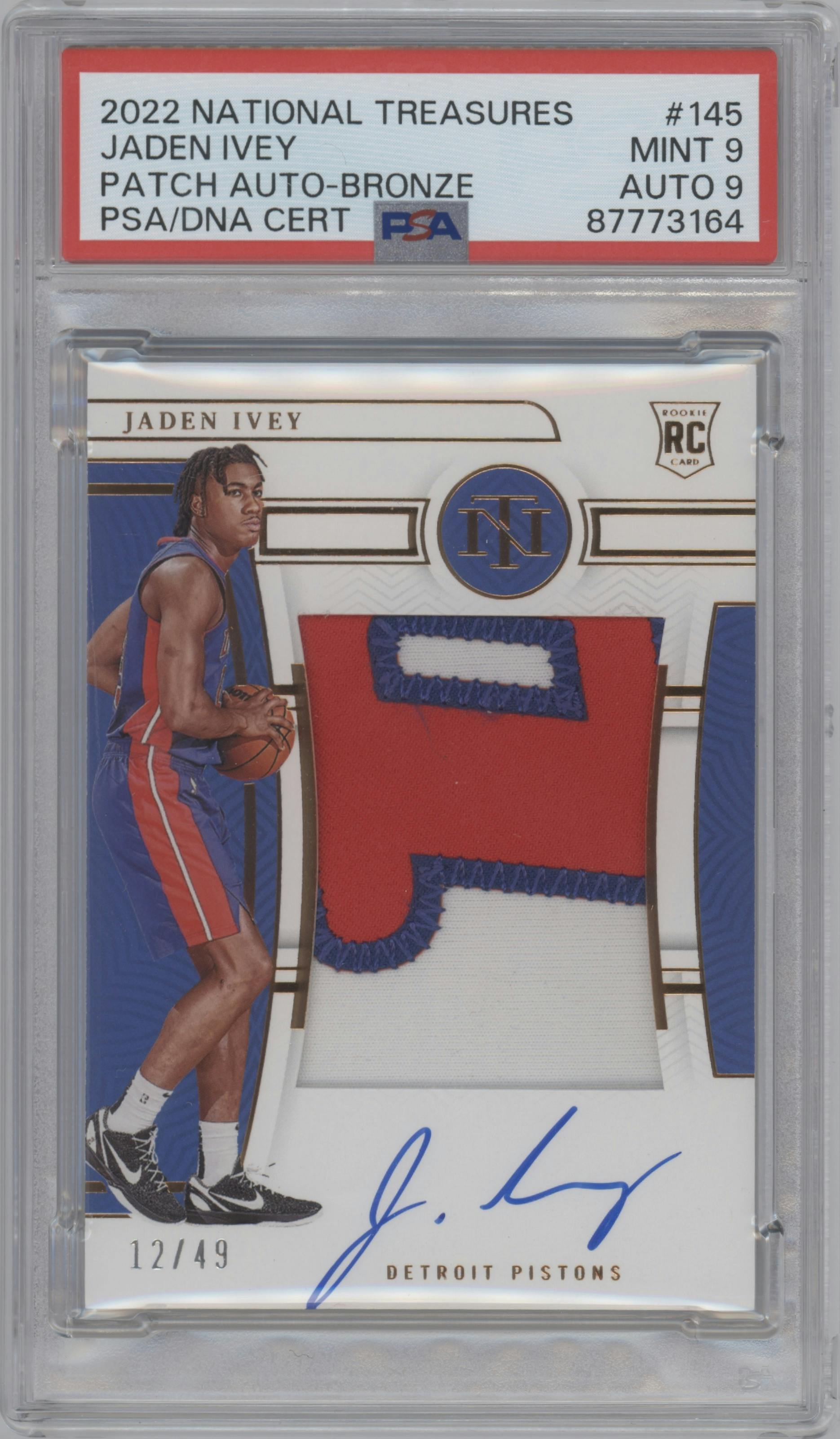 Jaden Ivey from the 2022-23 Panini National Treasures set featuring a Bronze  parallel graded by PSA and given an overall grade of 9.