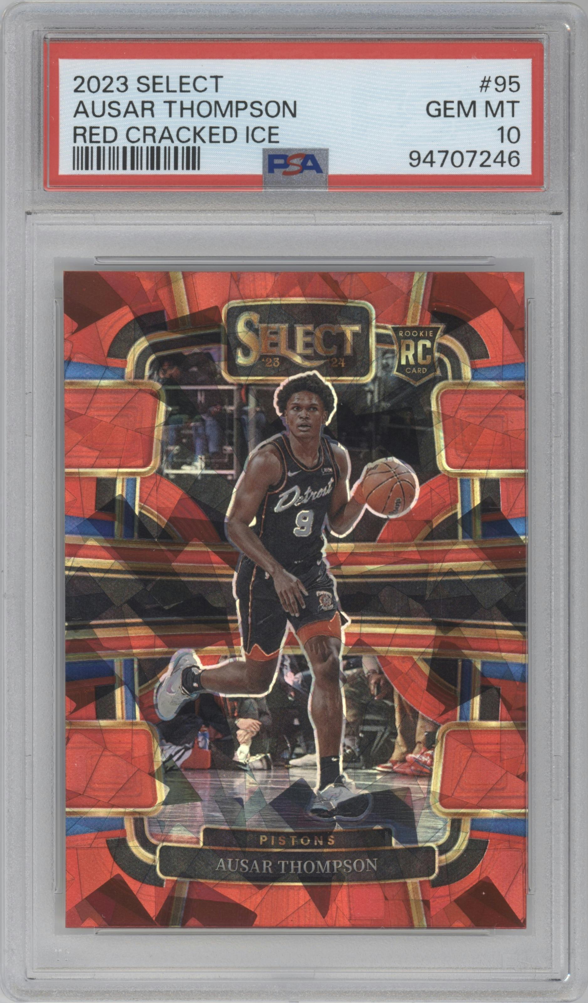 Ausar Thompson from the 2023-24 Panini Select  set featuring a Red Cracked Ice parallel graded by PSA and given an overall grade of 10.