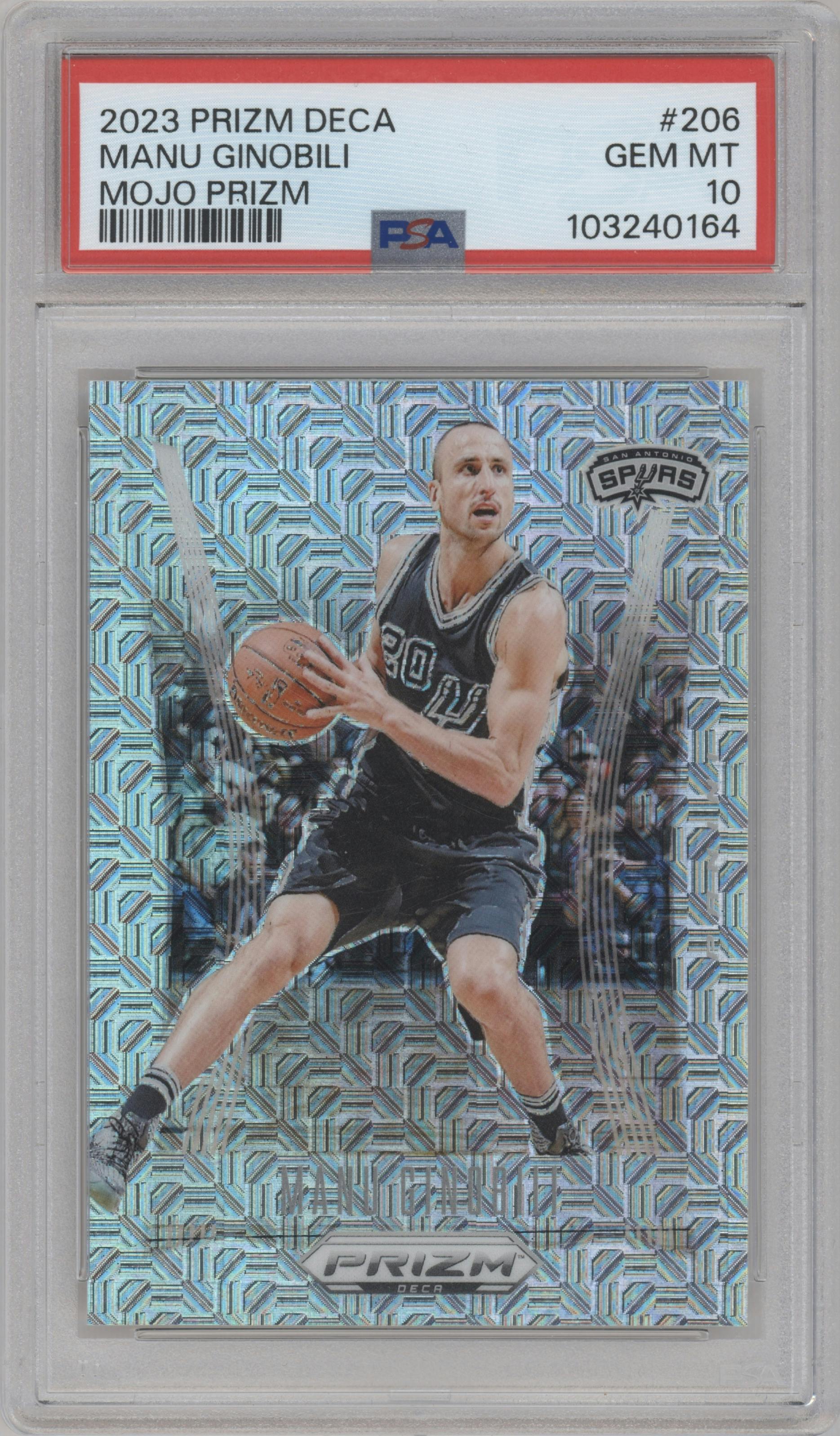 Manu Ginobili from the 2023-24 Panini Prizm Deca set featuring a Mojo parallel graded by PSA and given an overall grade of 10.