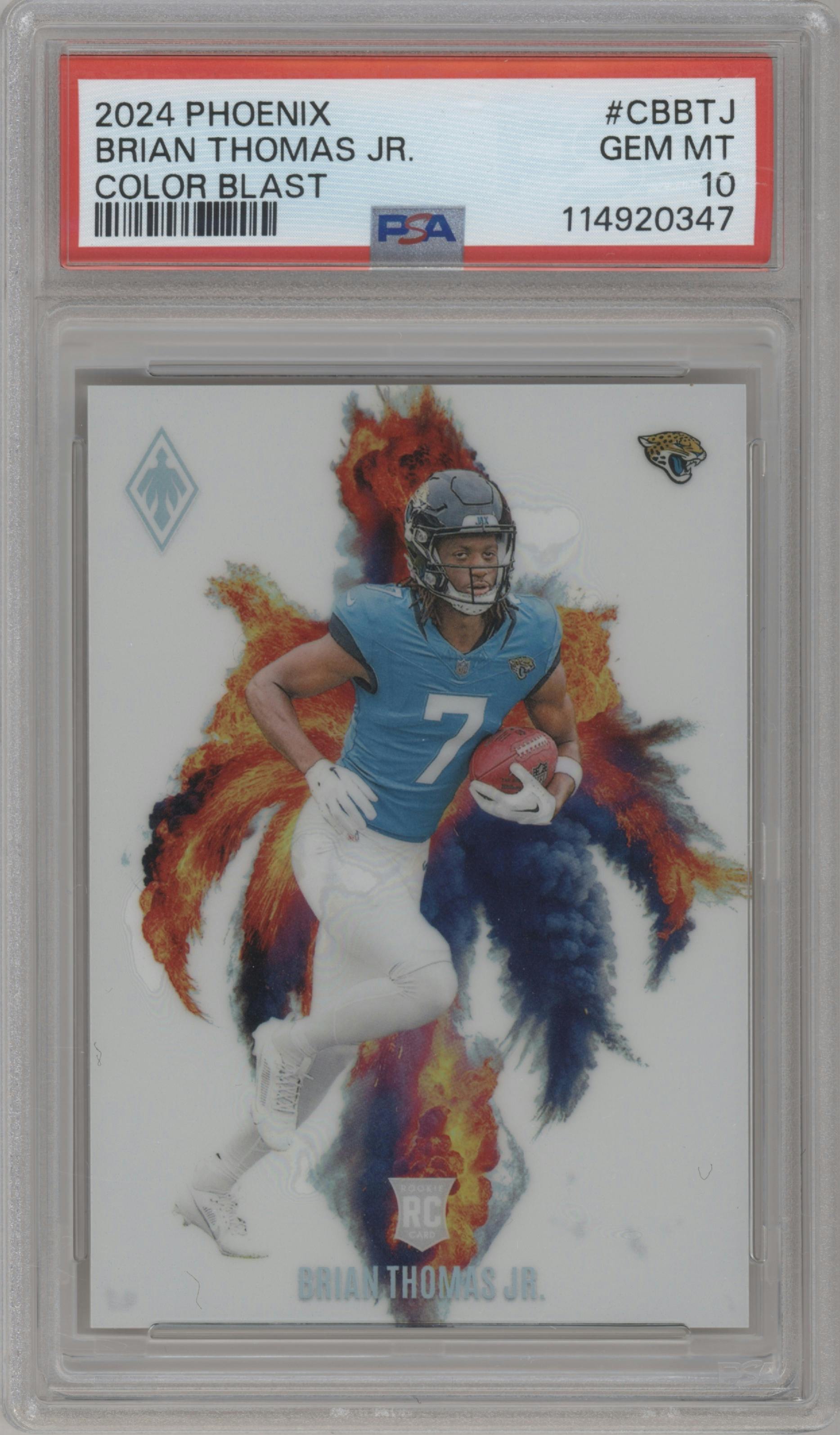 Brian Thomas Jr. from the 2024 Panini Phoenix set graded by PSA and given an overall grade of 10.