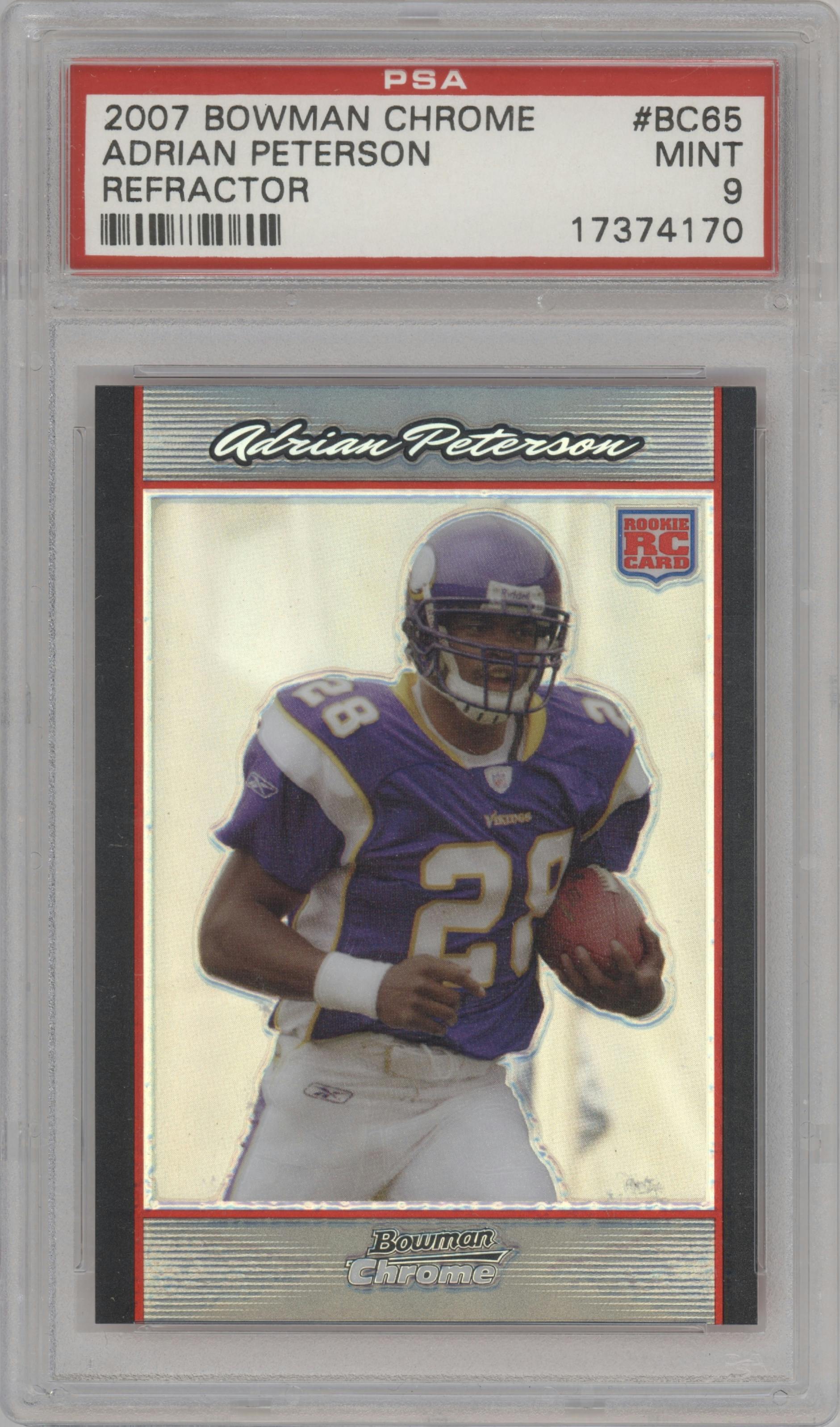 Adrian Peterson from the 2007 Bowman Chrome set featuring a Refractor parallel graded by PSA and given an overall grade of 9.
