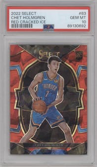 Chet Holmgren from the 2022-23 Panini Select set featuring a Red Cracked Ice parallel graded by PSA and given an overall grade of 10.