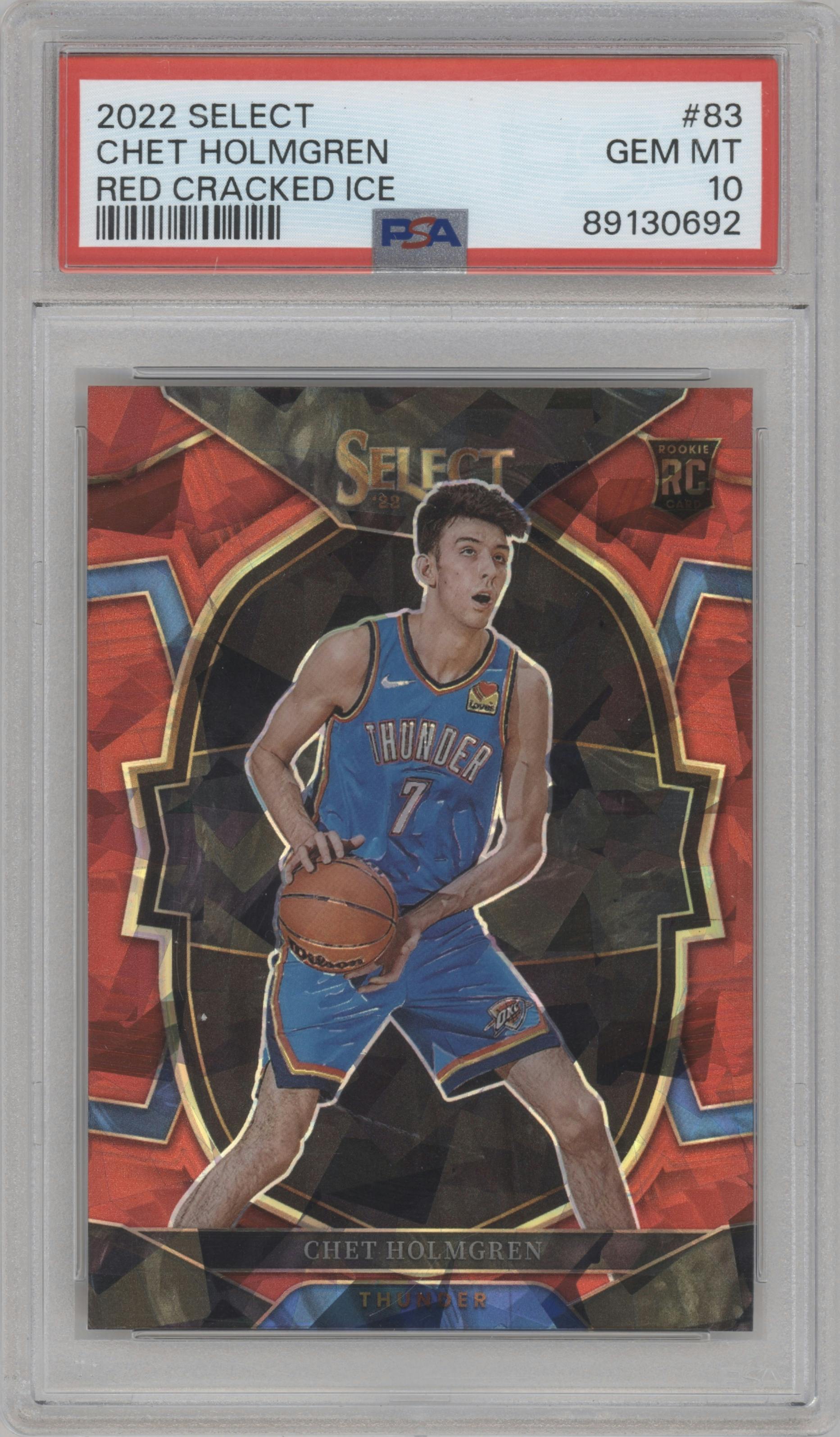 Chet Holmgren from the 2022-23 Panini Select set featuring a Red Cracked Ice parallel graded by PSA and given an overall grade of 10.