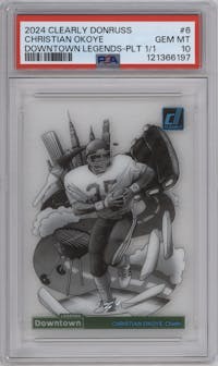 Christian Okoye from the 2024 Clearly Donruss set featuring a Platinum parallel graded by PSA and given an overall grade of 10.