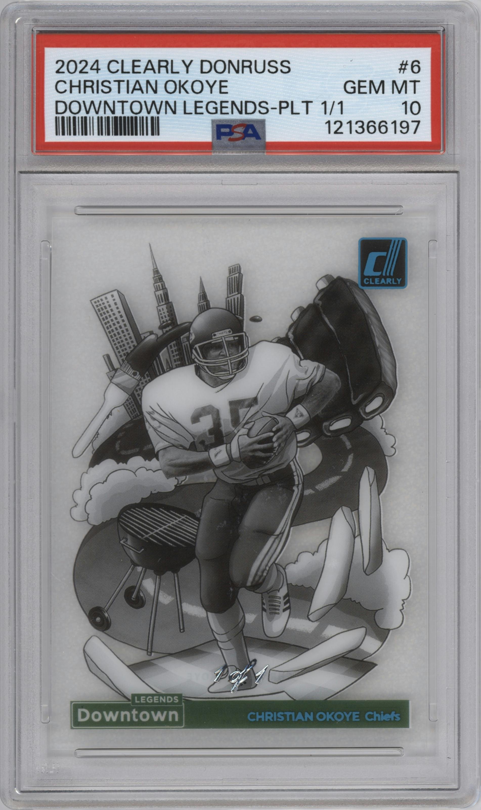 Christian Okoye from the 2024 Clearly Donruss set featuring a Platinum parallel graded by PSA and given an overall grade of 10.