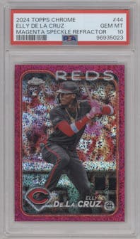 Elly De La Cruz from the 2024 Topps Chrome set featuring a Magenta Speckle Refractor parallel graded by PSA and given an overall grade of 10.