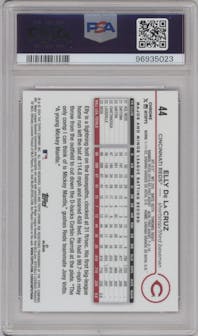 Elly De La Cruz from the 2024 Topps Chrome set featuring a Magenta Speckle Refractor parallel graded by PSA and given an overall grade of 10.