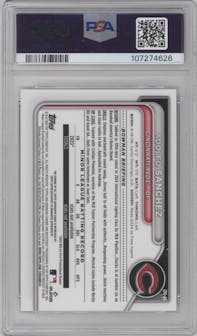 Adolfo Sanchez from the 2024 Bowman Chrome set featuring a Mini Diamond Refractor parallel graded by PSA and given an overall grade of 9.