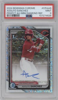 Adolfo Sanchez from the 2024 Bowman Chrome set featuring a Mini Diamond Refractor parallel graded by PSA and given an overall grade of 9.