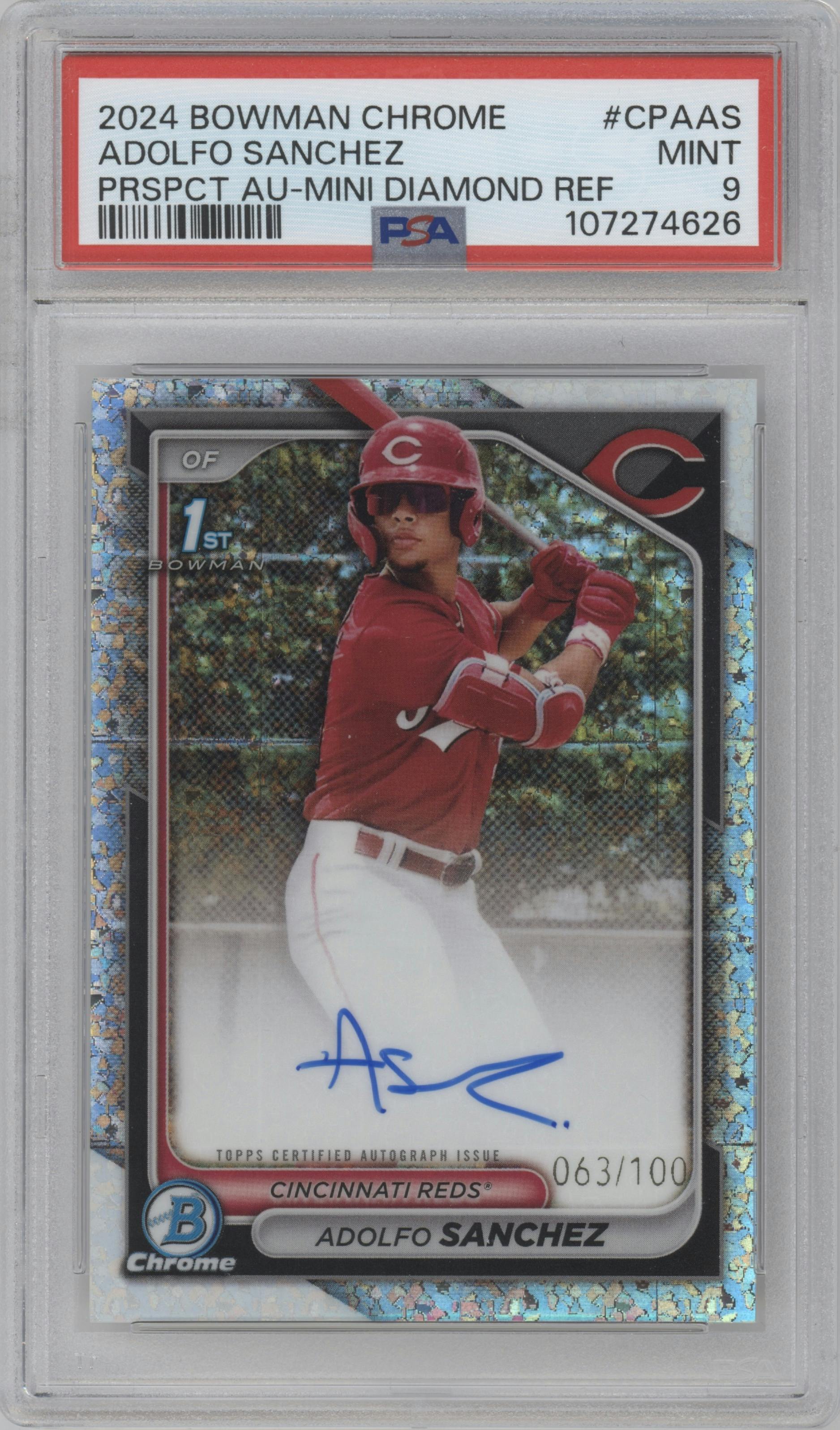 Adolfo Sanchez from the 2024 Bowman Chrome set featuring a Mini Diamond Refractor parallel graded by PSA and given an overall grade of 9.