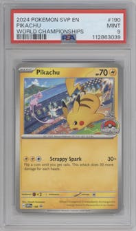 Pikachu from the 2024 Pokemon SV set featuring a 2024 World Championship parallel graded by PSA and given an overall grade of 9.