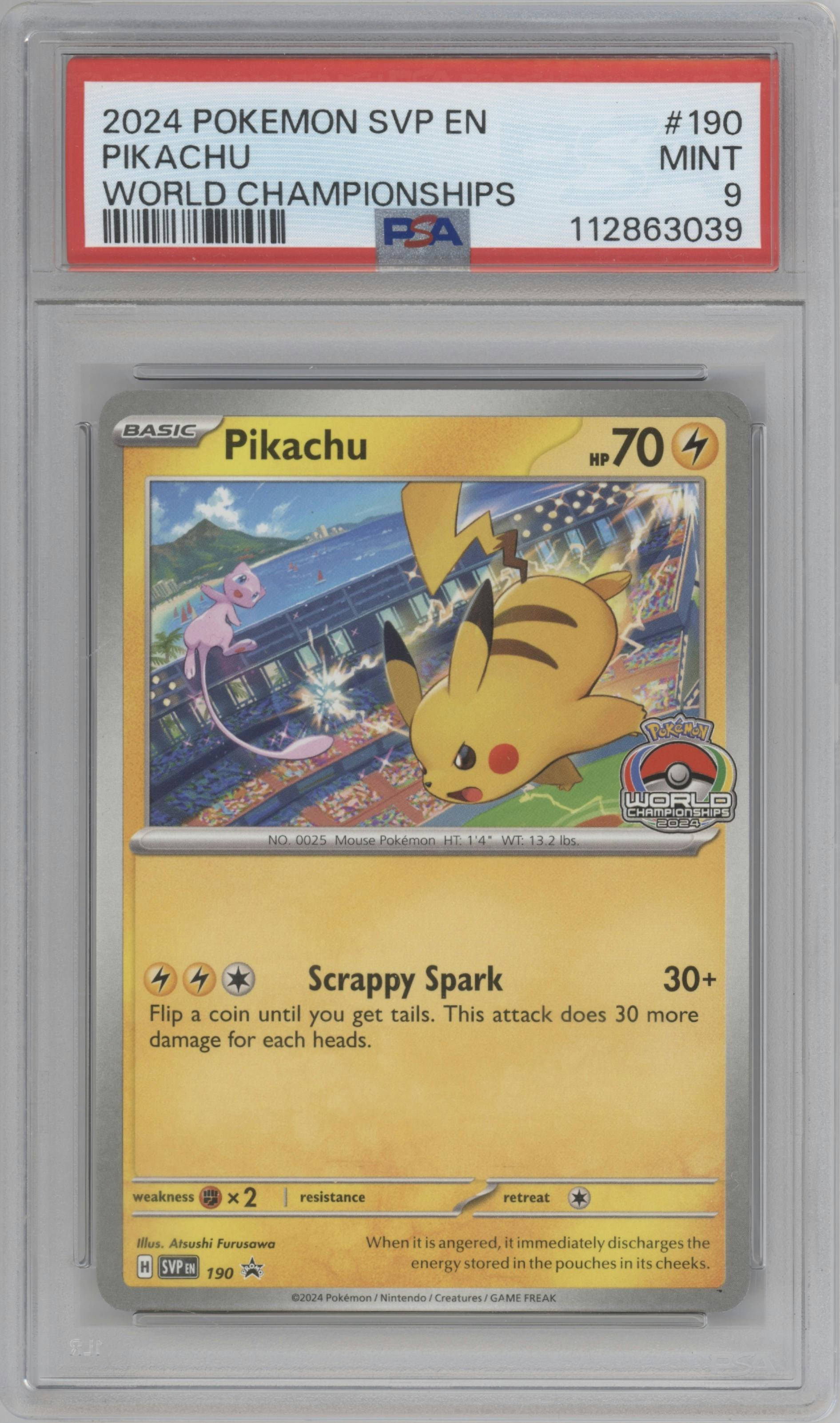 Pikachu from the 2024 Pokemon SV set featuring a 2024 World Championship parallel graded by PSA and given an overall grade of 9.
