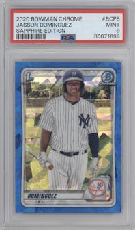 Jasson Dominguez from the 2020 Bowman Sapphire Edition set graded by PSA and given an overall grade of 9.