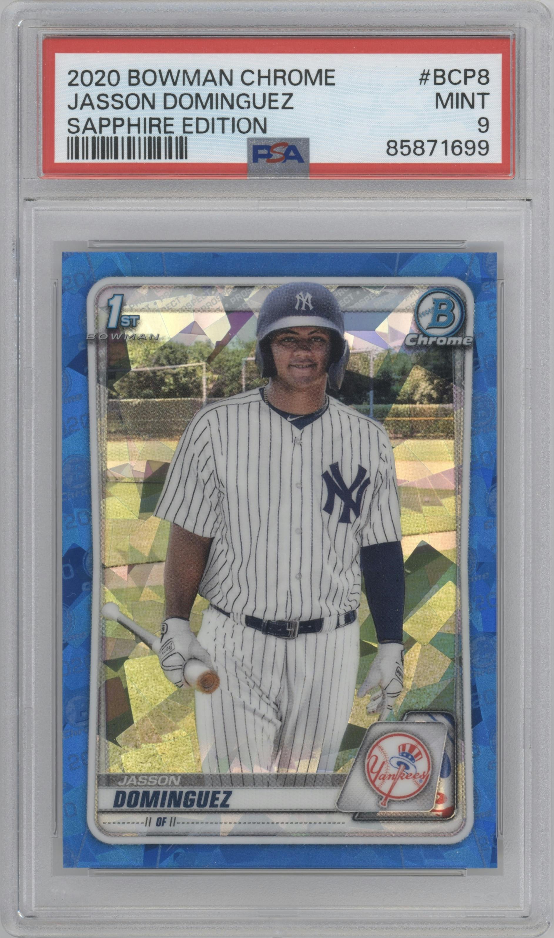 Jasson Dominguez from the 2020 Bowman Sapphire Edition set graded by PSA and given an overall grade of 9.