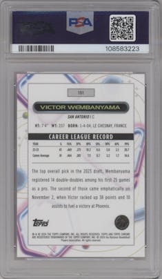 Victor Wembanyama from the 2023-24 Topps Chrome Cosmic set featuring a Pink Galaxy Refractor parallel graded by PSA and given an overall grade of 9.