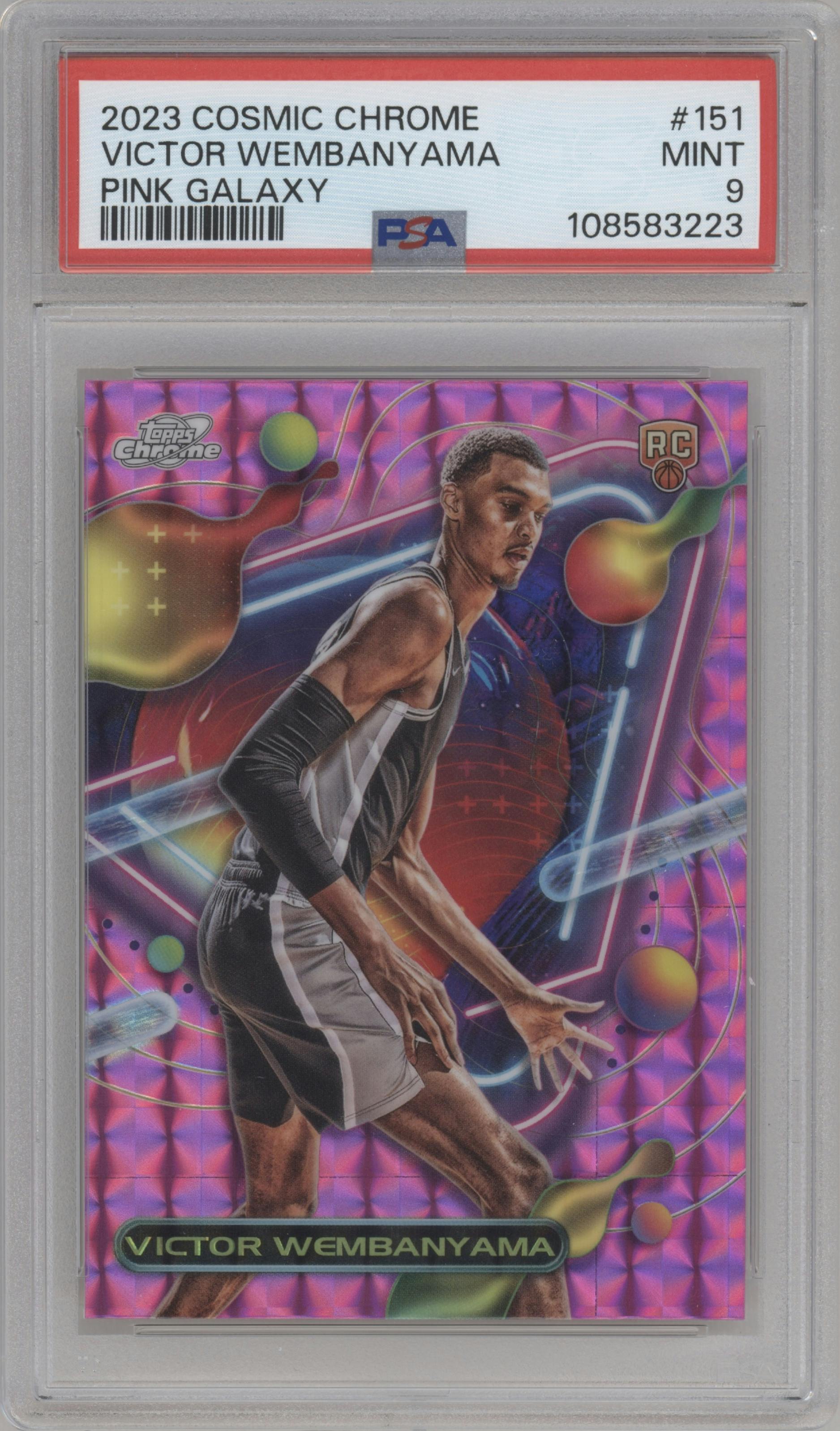 Victor Wembanyama from the 2023-24 Topps Chrome Cosmic set featuring a Pink Galaxy Refractor parallel graded by PSA and given an overall grade of 9.