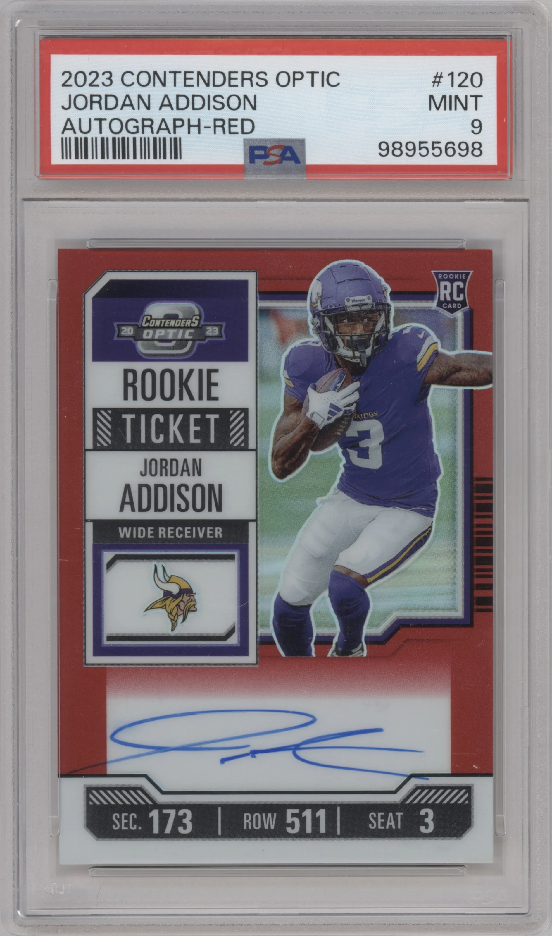 2023 Panini Contenders Optic Rke.Tkt.RPS Auto Jordan Addison Red #120 PSA 9