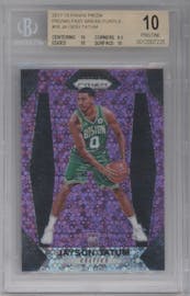 Jayson Tatum from the 2017-18 Panini Prizm  set featuring a Fast Break Purple parallel graded by Beckett and given an overall grade of 10.