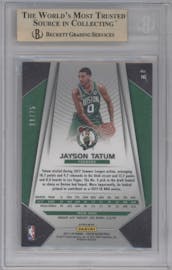 Jayson Tatum from the 2017-18 Panini Prizm  set featuring a Fast Break Purple parallel graded by Beckett and given an overall grade of 10.