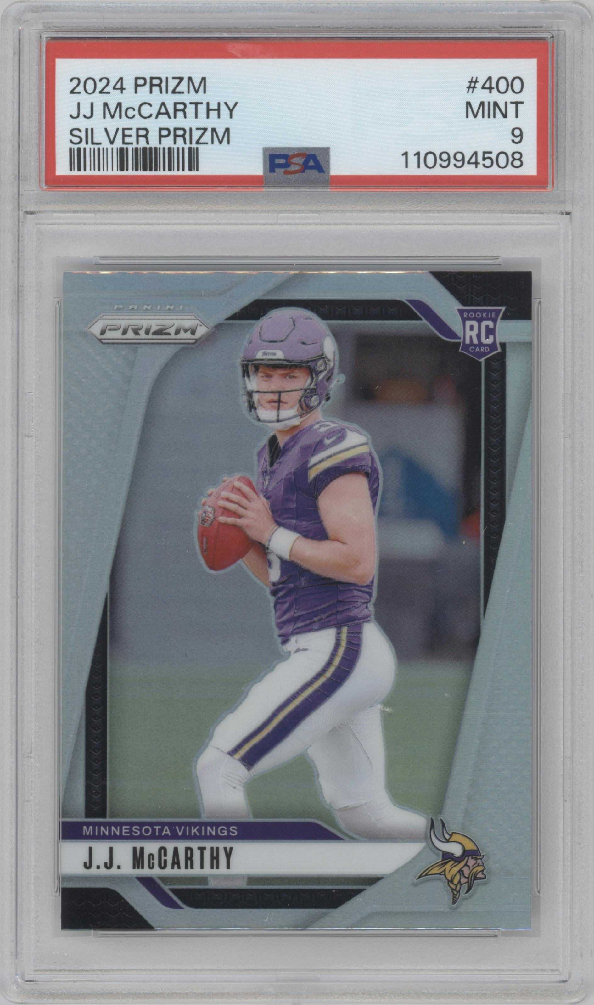 J.J. McCarthy from the 2024 Panini Prizm set featuring a Silver Prizm parallel graded by PSA and given an overall grade of 9.