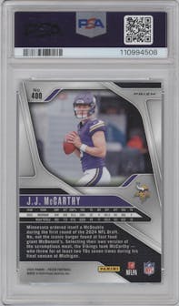 J.J. McCarthy from the 2024 Panini Prizm set featuring a Silver Prizm parallel graded by PSA and given an overall grade of 9.