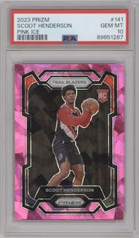 Scoot Henderson from the 2023-24 Panini Prizm set featuring a Pink Ice parallel graded by PSA and given an overall grade of 10.