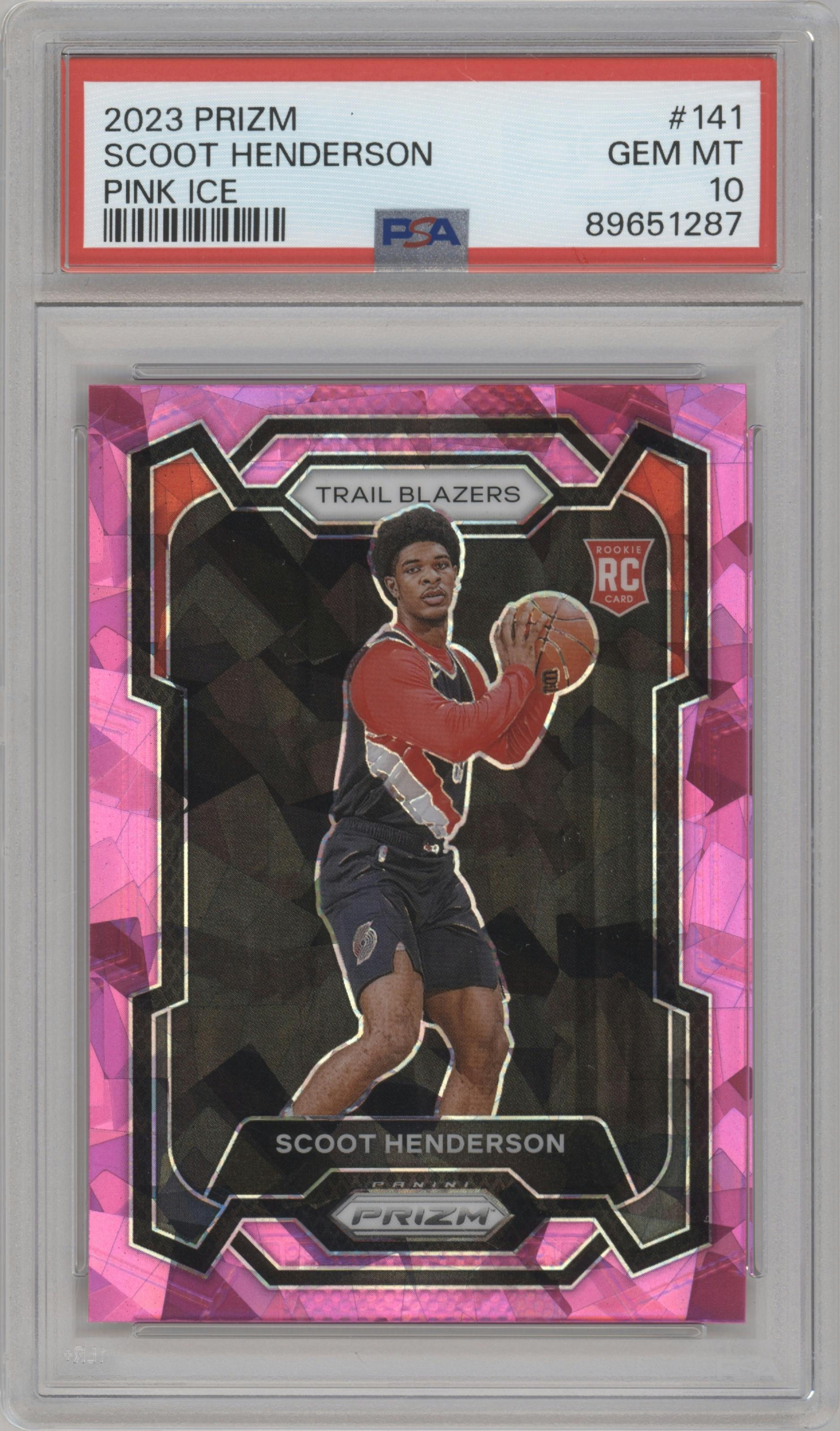 Scoot Henderson from the 2023-24 Panini Prizm set featuring a Pink Ice parallel graded by PSA and given an overall grade of 10.