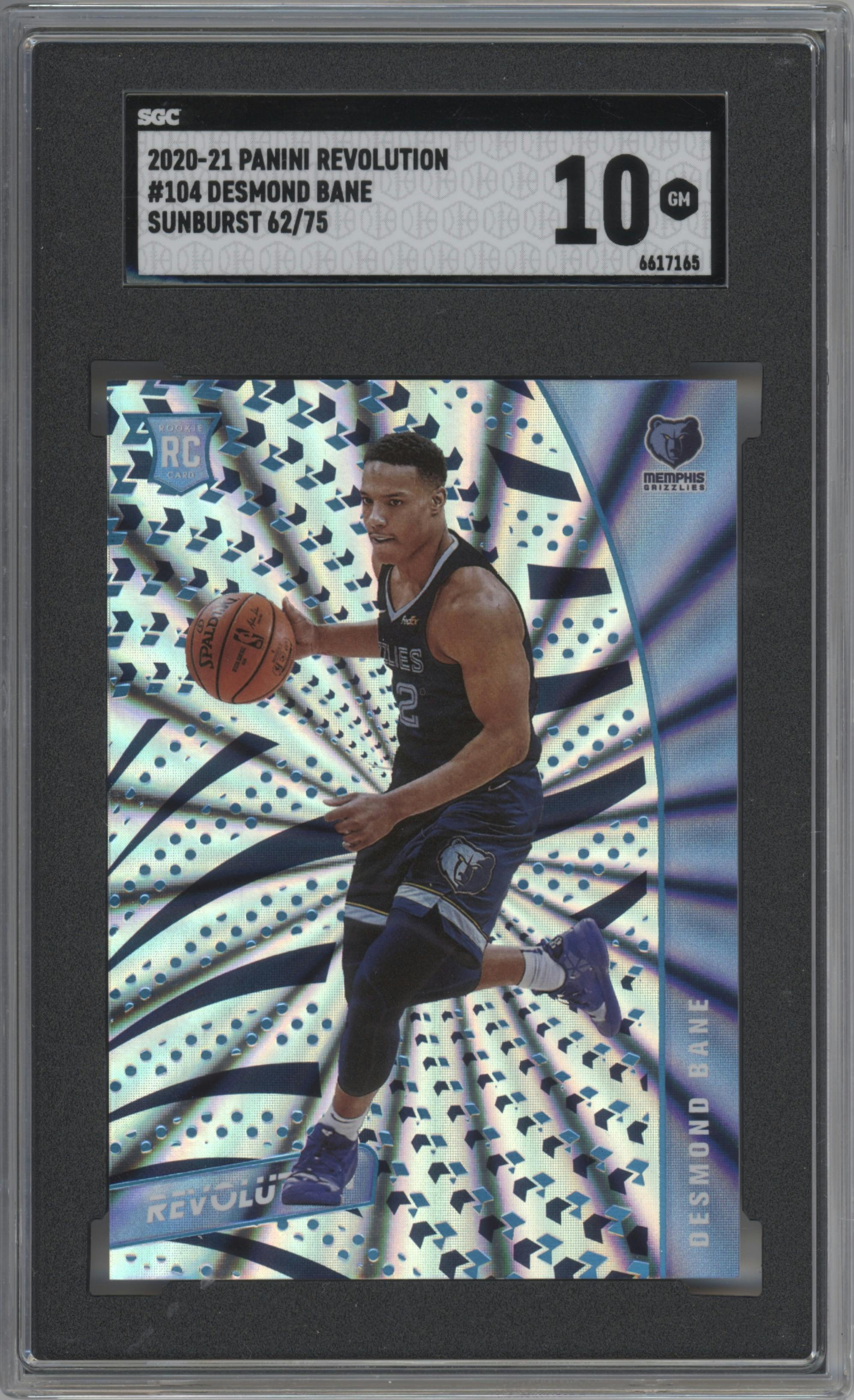 Desmond Bane from the 2020-21 Panini Revolution set featuring a Sunburst parallel graded by SGC and given an overall grade of 10.