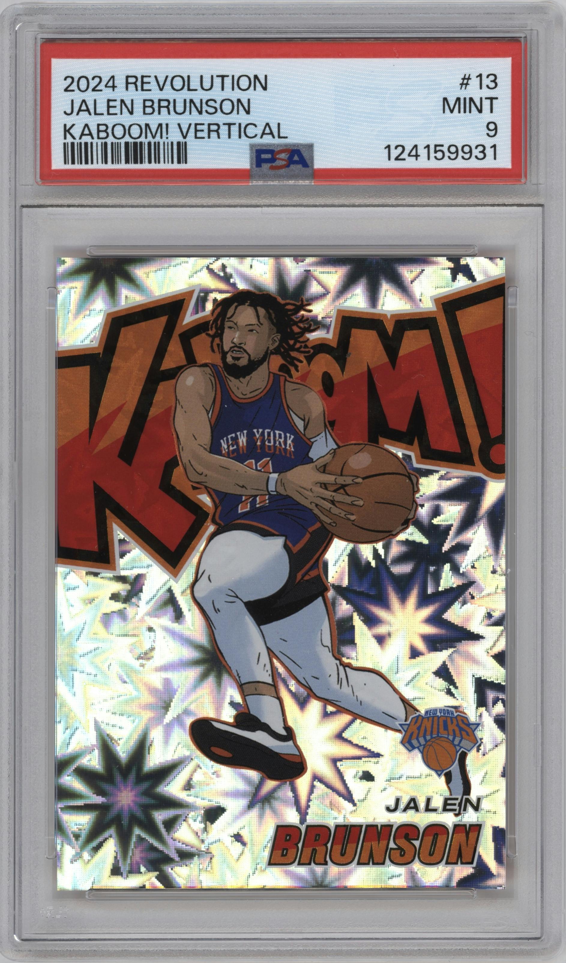 Jalen Brunson from the 2024-25 Panini Revolution set graded by PSA and given an overall grade of 9.