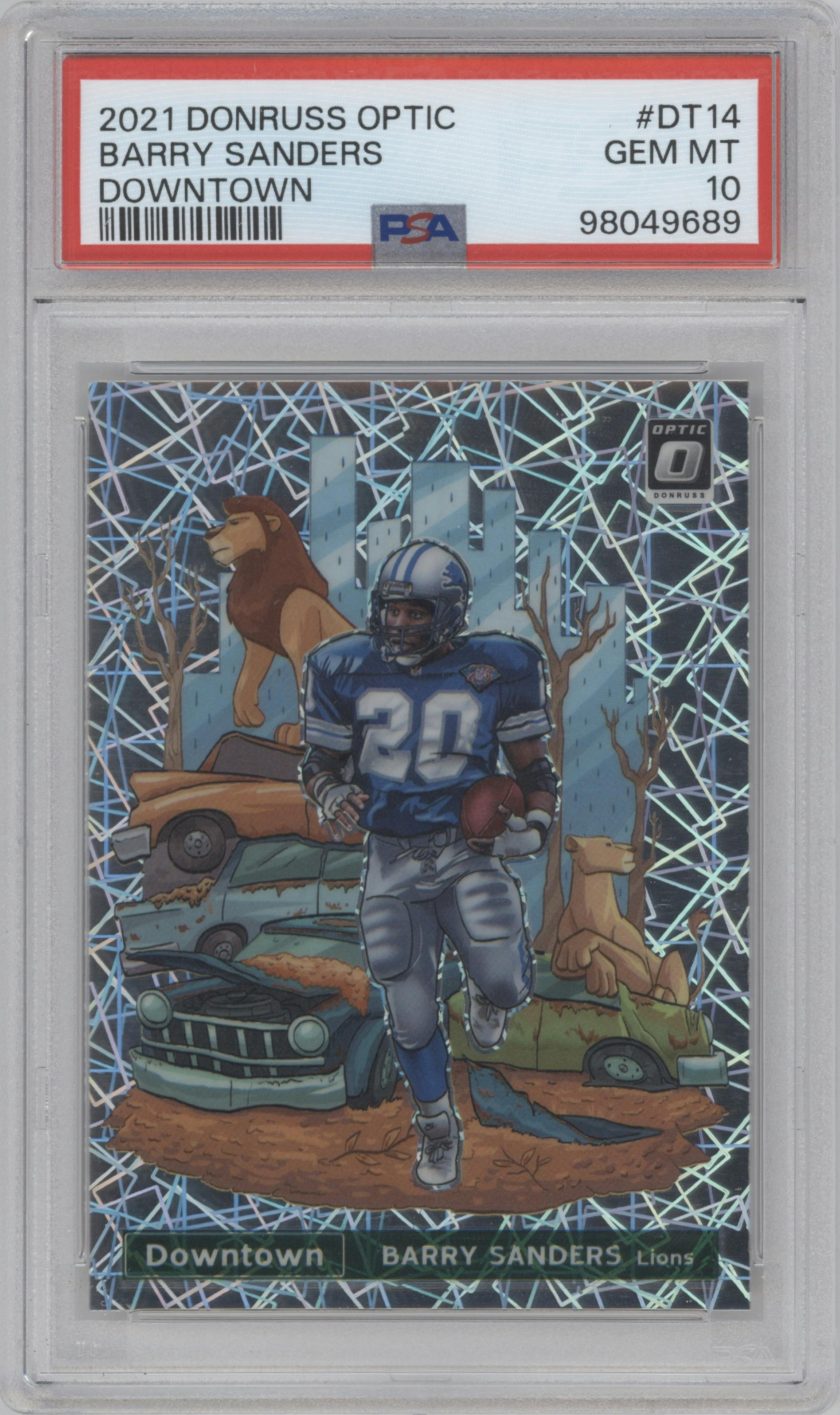 Barry Sanders  from the 2021 Panini Donruss Optic set graded by PSA and given an overall grade of 10.