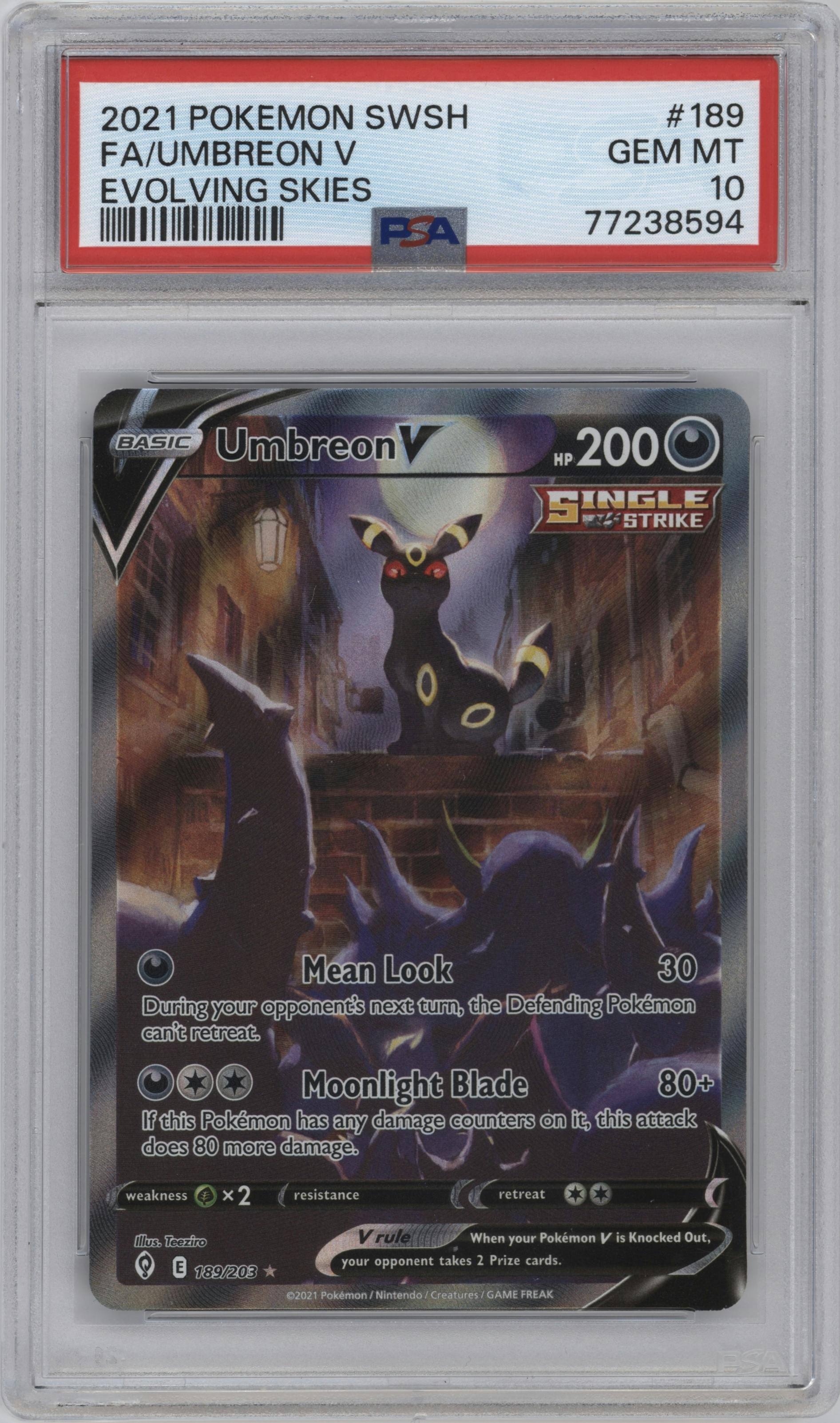Umbreon V from the 2021 Pokemon SWSH set graded by PSA and given an overall grade of 10.