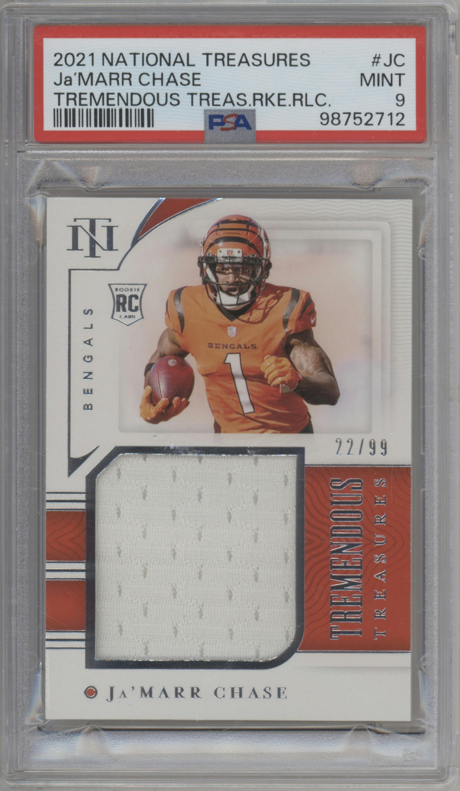 Ja'Marr Chase from the 2021 Panini National Treasures set graded by PSA and given an overall grade of 9.