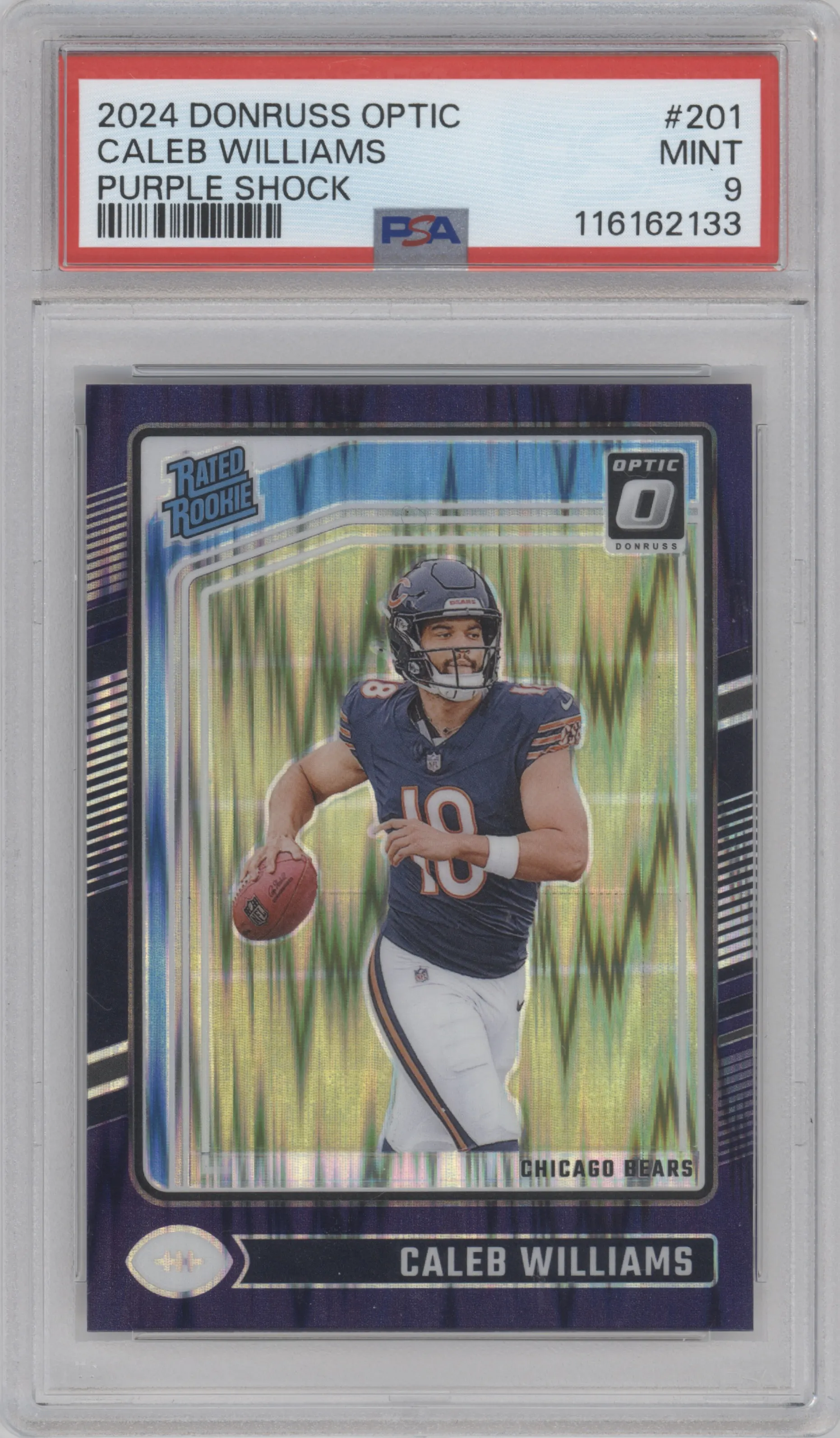 Caleb Williams from the 2024 Donruss Optic set featuring a Purple Shock parallel graded by PSA and given an overall grade of 9.