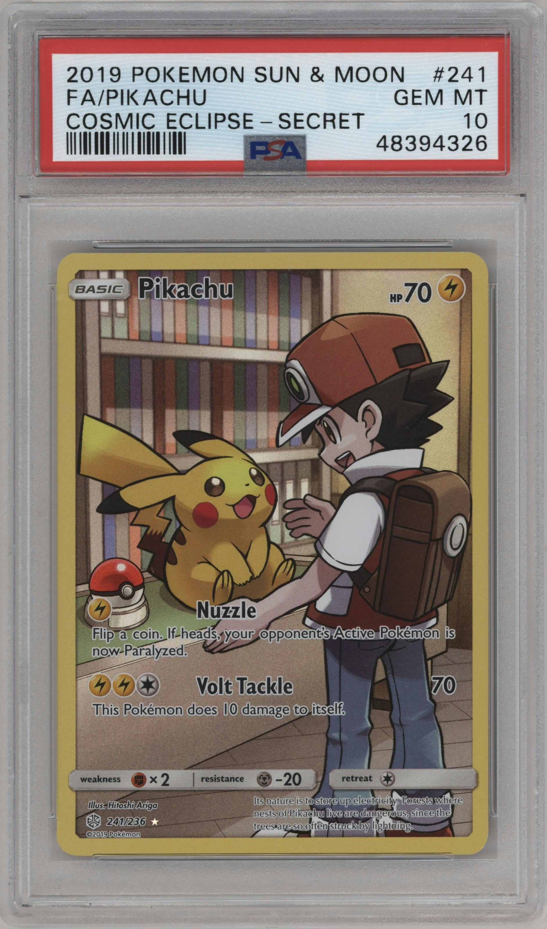 Pikachu from the 2019 Pokemon S&M  set graded by PSA and given an overall grade of 10.