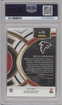 Bijan Robinson from the 2023 Panini Select set featuring a Green Prizm parallel graded by PSA and given an overall grade of 10.